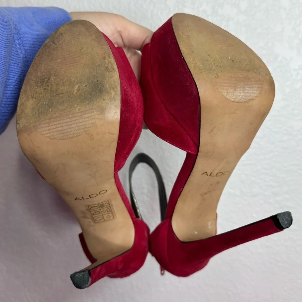 ALDO 🌹 Red Peep-Toe Stiletto Platform Heels, Golden Ankle Strap (Women’s Size 7) - Picture 7 of 14